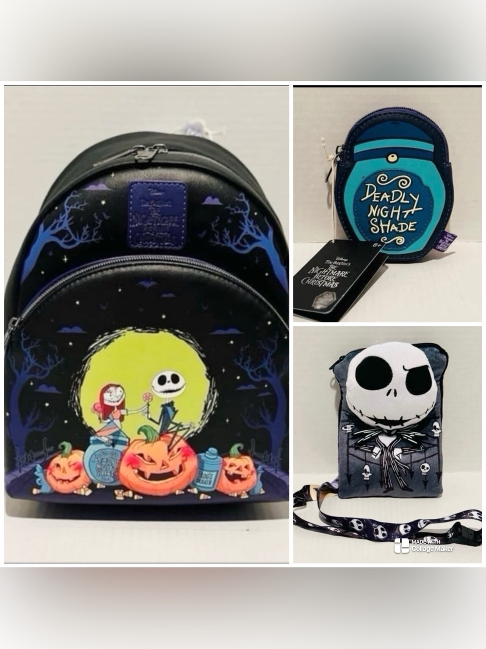 Loungefly Disney NWT NBC Jack & Sally Pumpkins Backpack, Coin Purse & Lanyard